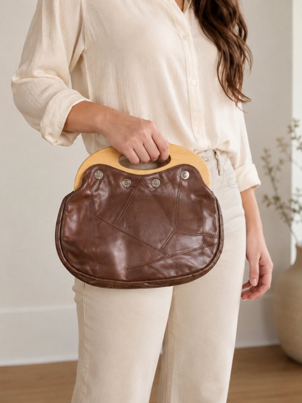 Vtg 70s brown leather patchword wood boho hippie clutch slipcover purse